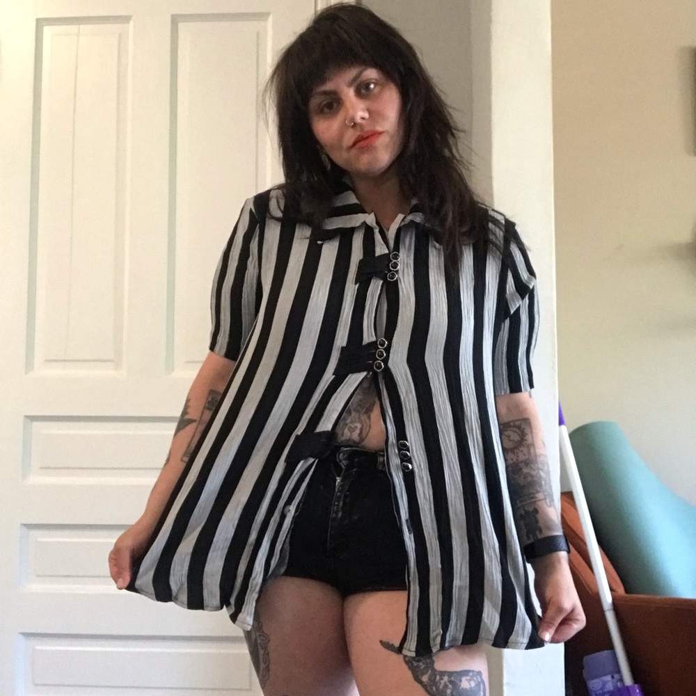 Vintage goth striped button down black and grey blouse